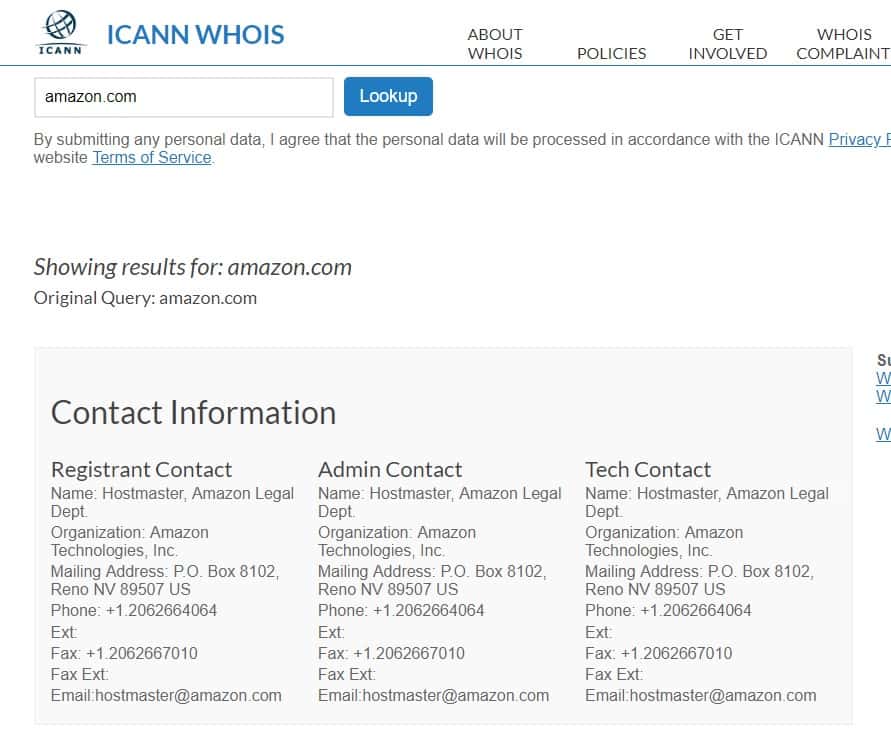 Amazon.com WhoIs Domain Info - image